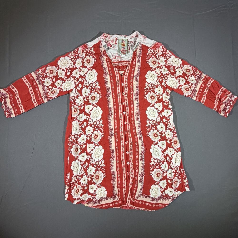 Johnny Was Zoi Women's XS Red Floral Boho Tunic Button-Front 3/4 Sleeve